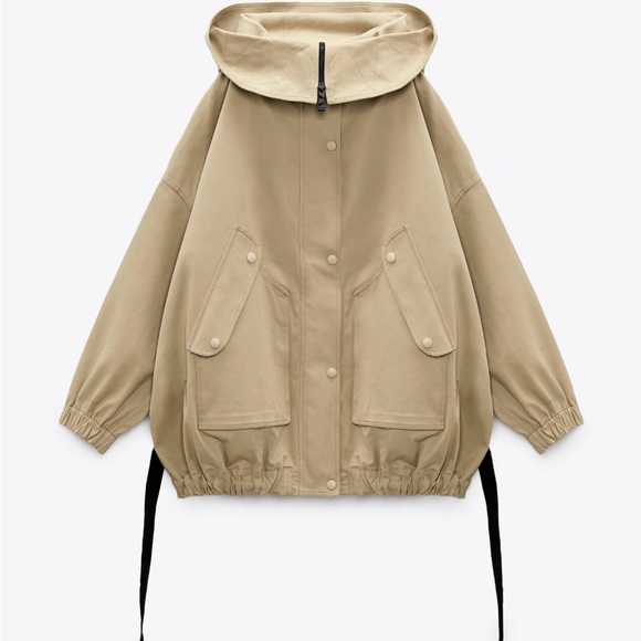 Zara jacket coat parka overcoat hood tied zip up beige casual - Picture 6 of 7